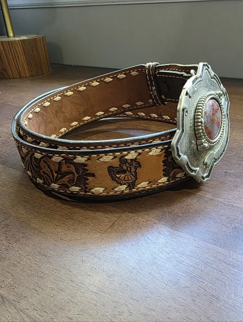 Vintage Nocona Hand Tooled Leather Western Belt Size 38 Buckstitch Agate Buckle